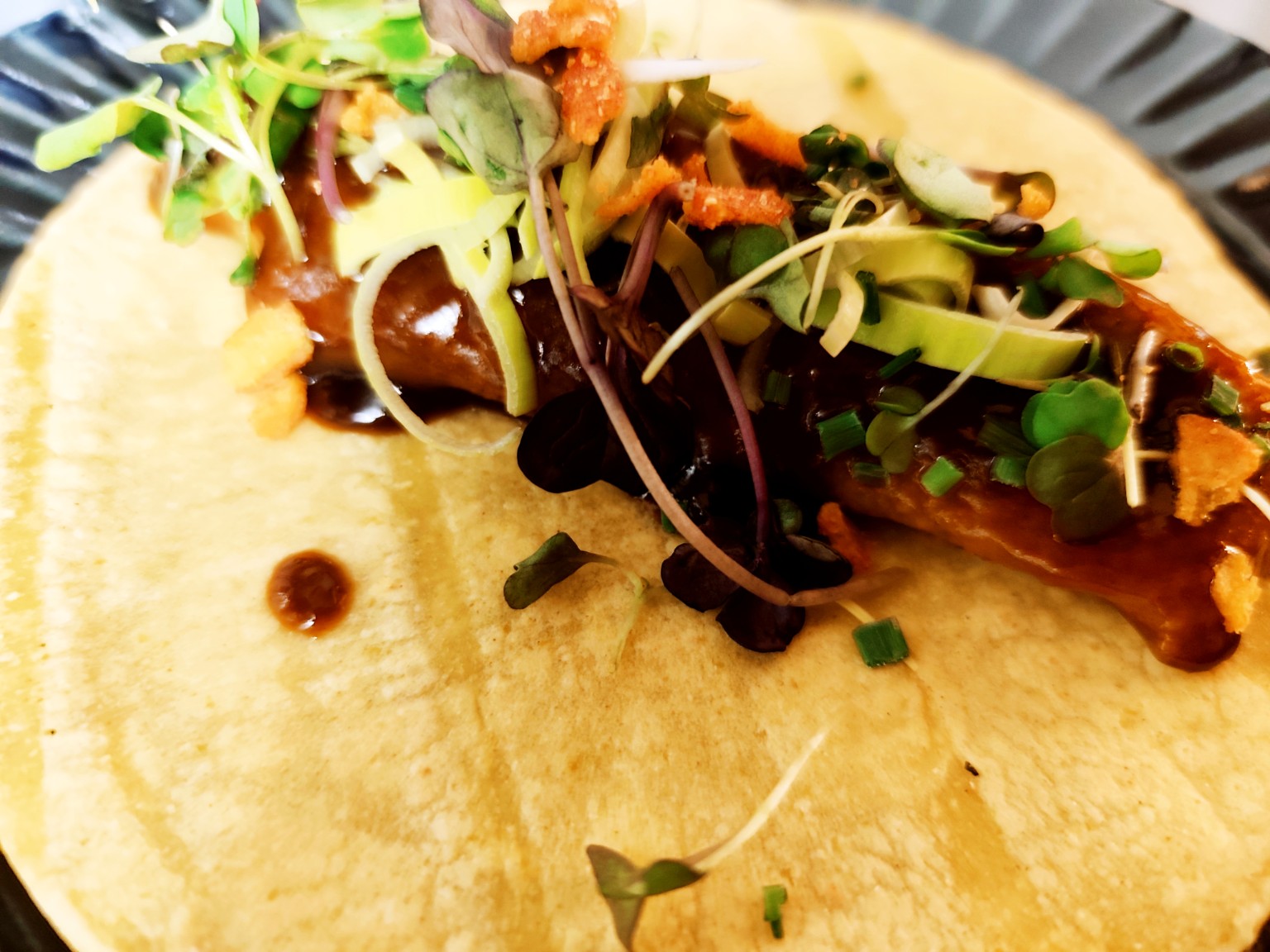 Taco de El Fogaril con salsa y brotes frescos